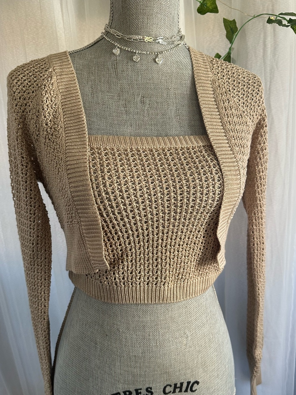 2 piece Love Tree Beige Cropped Open-Front Knit Bolero
